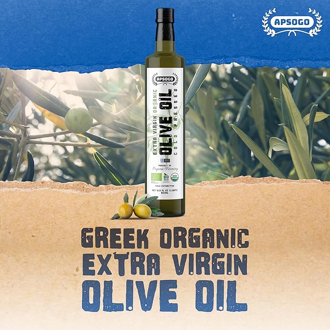 Apsogo Organic Extra Virgin Olive Oil - USDA Organic Greek EVOO from Crete - High Polyphenols 250+ mg/kg - Cold Pressed, Early Harvest, Rich & Fruity Flavor - 16.9 fl oz (500ml)