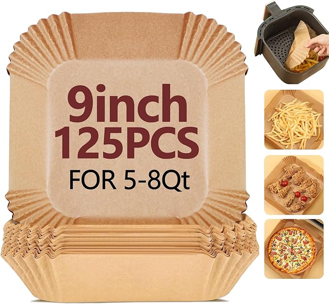 9 Inch Air Fryer Liners Disposable-125PCS Square Parchment Paper Liners,Heat Resistant & Non-Stick,Unbleached Liners for Air Fryer,Oven,Roasting,Baking,Microwave竊뉰ottom is 8 Inchç«?,<div>
