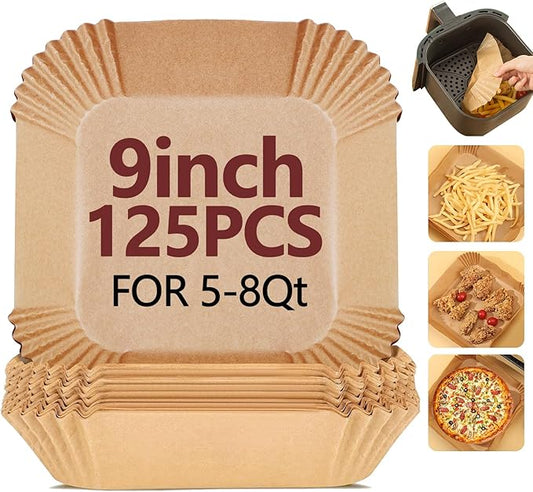 9 Inch Air Fryer Liners Disposable-125PCS Square Parchment Paper Liners,Heat Resistant & Non-Stick,Unbleached Liners for Air Fryer,Oven,Roasting,Baking,Microwave竊뉰ottom is 8 Inchç«?,<div>