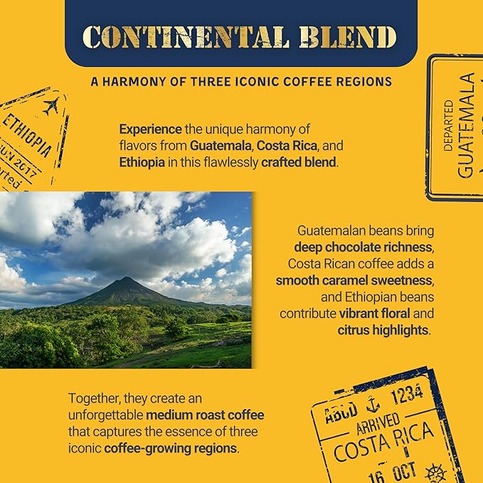 Passport Coffee Continental Blend ??Medium roast blend. Flavor notes of rich chocolate, smooth caramel, floral & citrus. Premium whole bean coffee from iconic regions, 12oz Bag