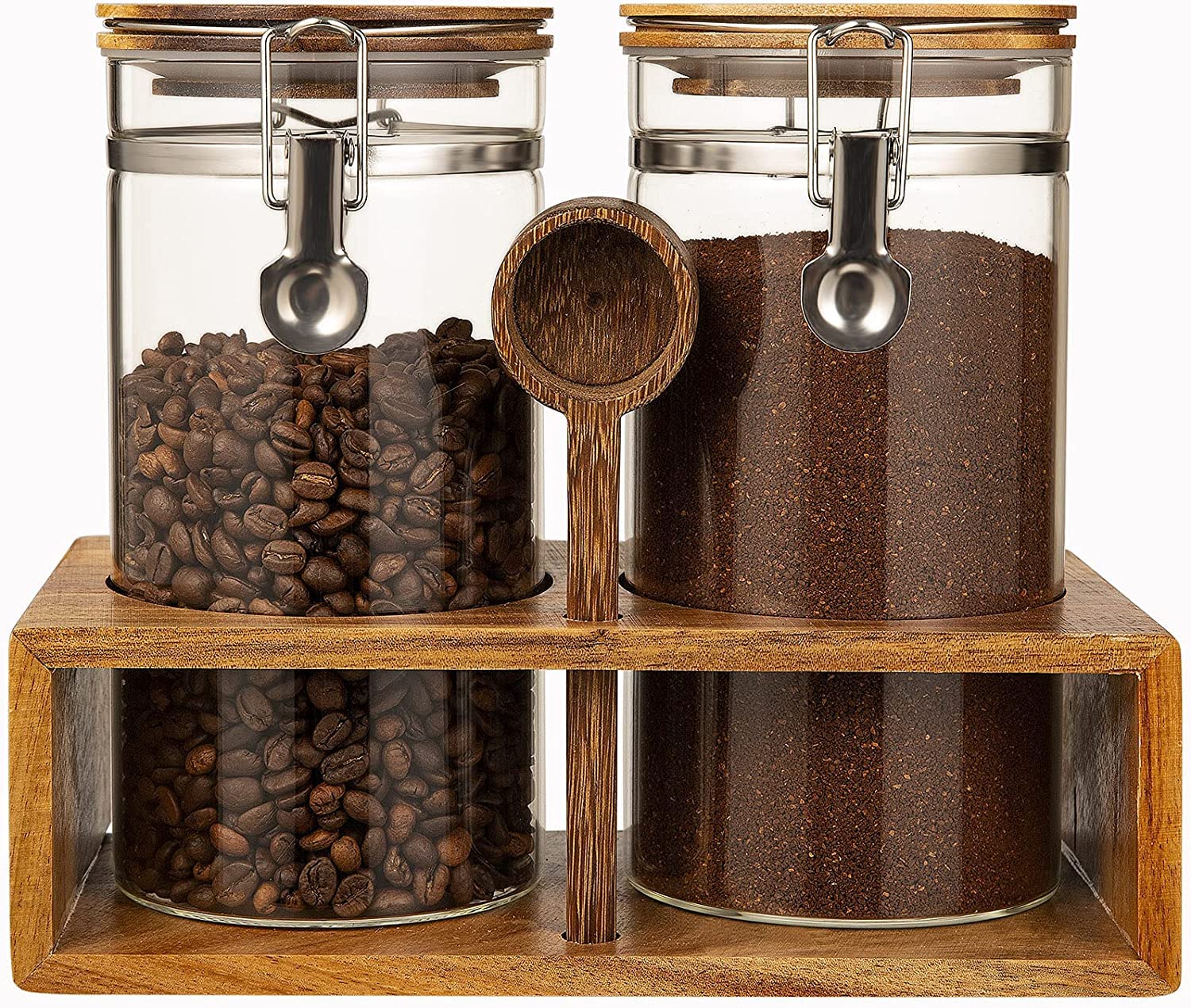 Yangbaga Coffee Canister with Shelf: 2P 45OZ Glass Airtight Coffee Holder