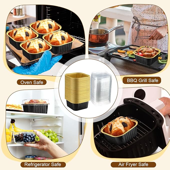 200 Pack 5 oz Square Baking Cups with Lids Aluminum Foil Mini Cake Pans with Lids Disposable Ramekins Tins Dessert Containers Cupcake Pans for Pudding Souffle Wedding Birthday Party Picnic
