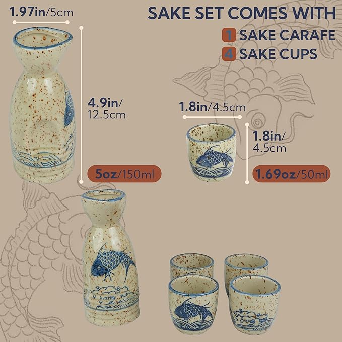 Ceramic Sake Set, 5pcs Japanese Saki Set with 1 Sake Carafe 4 Sake Cups, Saki Cup Set as Gift for Sake Japanese Wine/Hanzo Sake/Soju/Sake Drink/Saki Drink/Tea