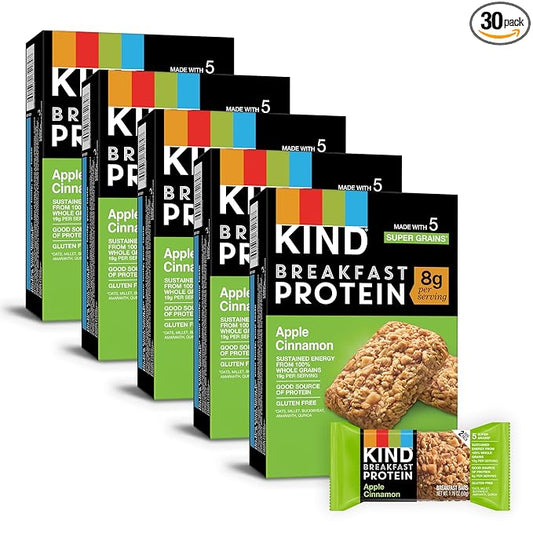 KIND Breakfast Protein, Healthy Snack Bar, Apple Cinnamon, Gluten Free Breakfast Bars, 8g Protein, 1.76OZ Packs, 30 Count