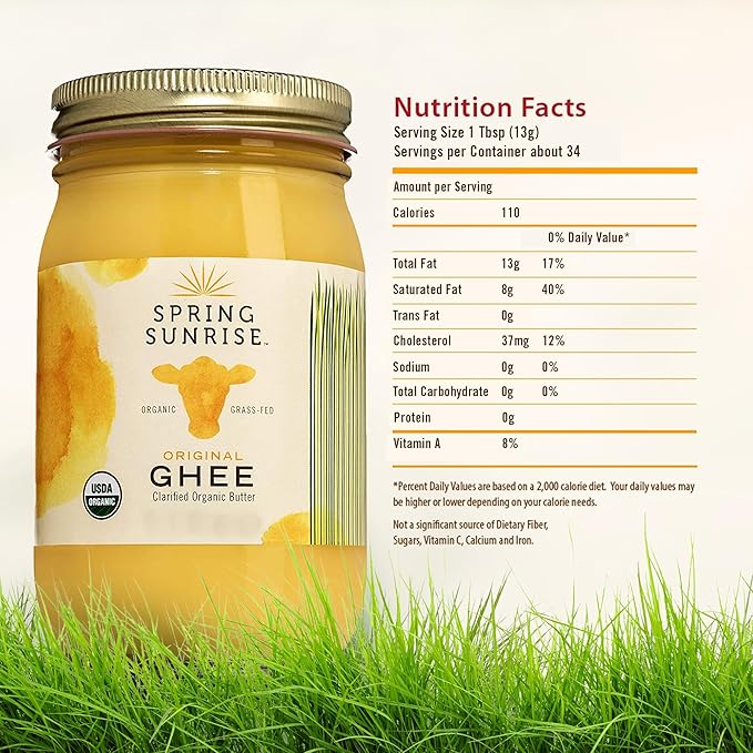 Spring Sunrise Grass Fed Organic Ghee - USDA Certified Clarified Butter - Keto & Paleo Friendly, Non-GMO, Gluten & Casein Free Cooking Oil - Sustainably Sourced - 8 oz Jar