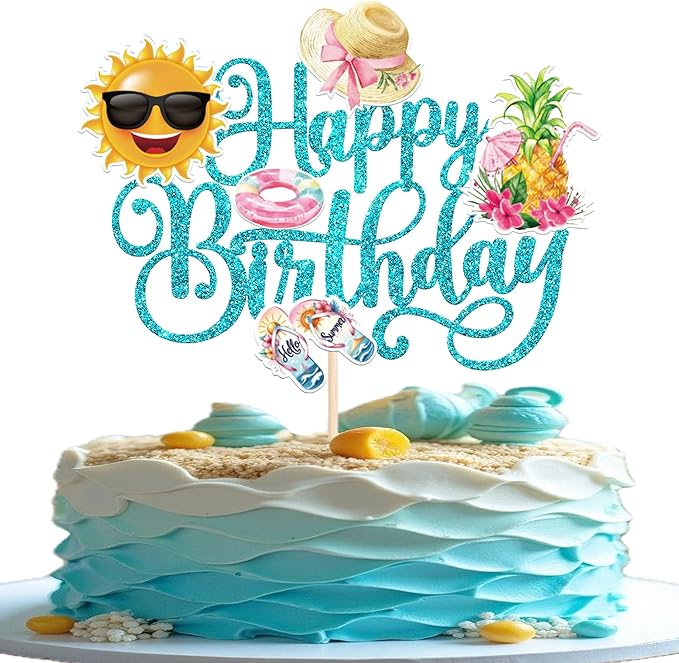 1 PCS Summer Beach Happy Birthday Cake Topper Sun Flip-Flops Pineapple Flatator Hat Cake Pick Pool Party Decorations for Tropical Hawaiian Luau Theme Birthday Party Cake Decorations Supplies Blue