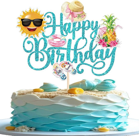1 PCS Summer Beach Happy Birthday Cake Topper Sun Flip-Flops Pineapple Flatator Hat Cake Pick Pool Party Decorations for Tropical Hawaiian Luau Theme Birthday Party Cake Decorations Supplies Blue