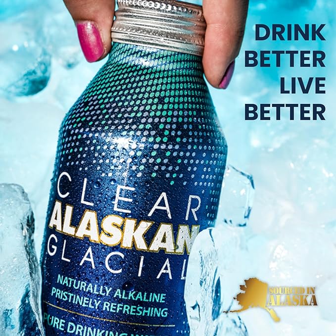 Clear Alaskan Fresh Glacier Water, Naturally Alkaline - Bottled in Aluminum with No Plastic | 16 Fl Oz (473 ml) - Pack of 12 | Natural glacial mineral water, bottled at the source in aluminum bottles