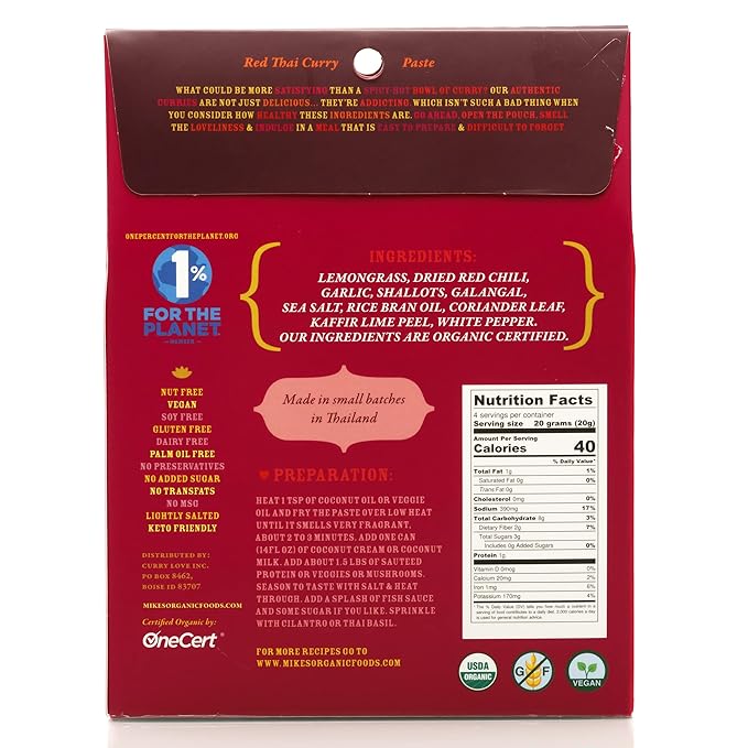 Red Thai Curry Paste ORGANIC. VEGAN. DAIRY FREE. SUGAR FREE. KETO FRIENDLY. MADE IN THAILAND. | case of 6 x 2.8 oz pouches