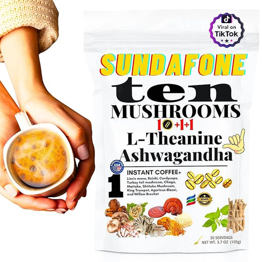SUNDAFONE Mushroom Coffee with L-Theanine, Ashwagandha, Lion's Mane, Reishi for Focus, Immunity, Memory, Clarity, 12 Adaptogenic Instant Coffee