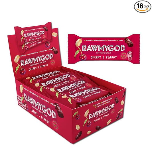 RAWMYGOD Fruit and Nut Bars, Gluten Free, Vegan, No Added Sugar (16 bars, Cherry & Peanut)