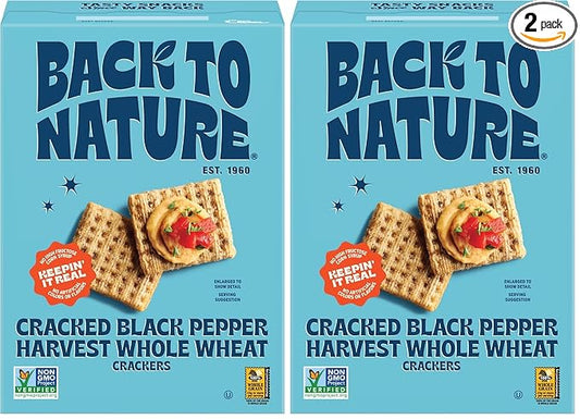 Back to Nature - Cracked Black Pepper Whole Wheat Crackers - Non-GMO, Made with Whole Grain Wheat & Sea Salt - Seriously Tasty Snacks - 7 Ounce (Pack of 2)
