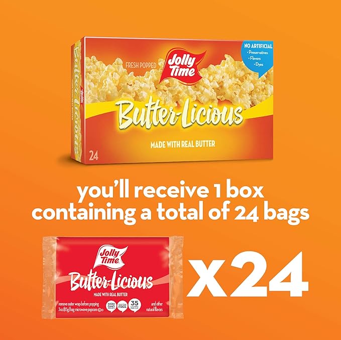 Jolly Time Value Pack Butter-Licious, Original Buttery Microwave Popcorn Snack, Gluten Free with Real Buttered Corn Homestyle Flavor (Bulk 24-Count Box)