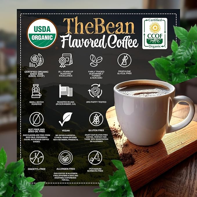The Bean Organic Coffee Company Water Processed DECAF Egg Nog, Medium Roast, Whole Bean Coffee, 5-Pound Bag