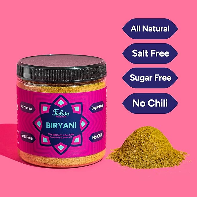 Fadwa Masala Biryani Spice Mix - 4.5 oz Jar, Salt & Sugar Free, Non-Spicy Authentic Desi Spices for Pakistani & Indian Cooking, Curry, Garam Masala - No Artificial Ingredients - Gluten Free