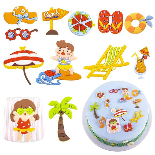 Gyufise 12Pcs Summer Beach Hawaii Cupcake Toppers Sun Umbrella Ball Diving Coconut Watermelon Sunglasses Slippers Cupcake Picks Baby Shower Hawaii Pool Theme Birthday Party Cake Decorations