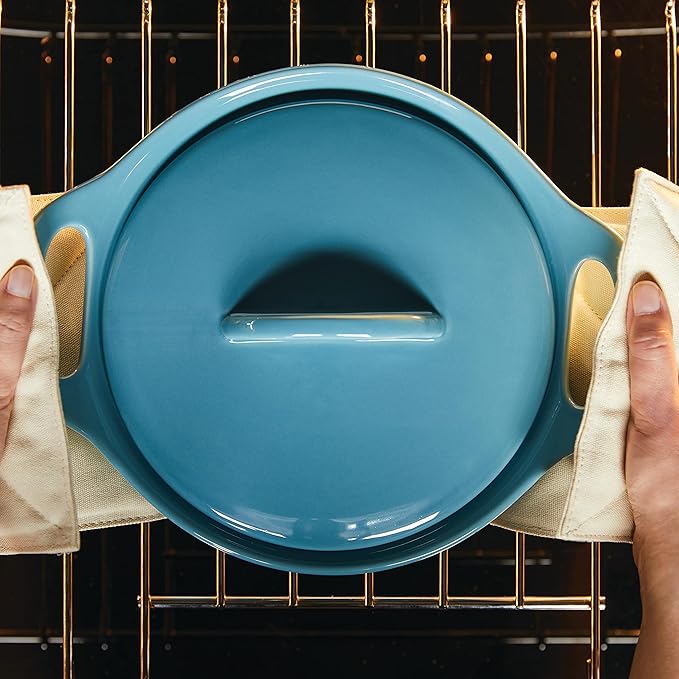 Rachael Ray Solid Glaze Ceramics Casserole Bakeware/Baker Set with Shared Lid, 3 Piece, Agave Blue