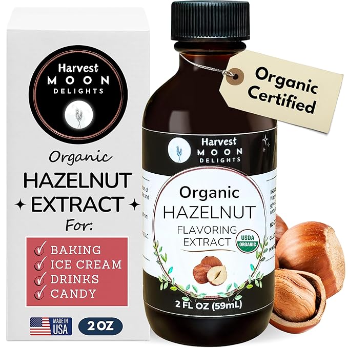 Organic Hazelnut Flavoring Extract for Baking, Ice Cream, Drinks, and Candy - 2 oz - Water-Soluble - By Harvest Moon Delights - Pure Hazelnut Extract, Flavoring, Flavor