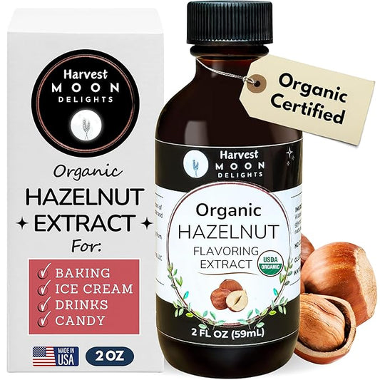 Organic Hazelnut Flavoring Extract for Baking, Ice Cream, Drinks, and Candy - 2 oz - Water-Soluble - By Harvest Moon Delights - Pure Hazelnut Extract, Flavoring, Flavor