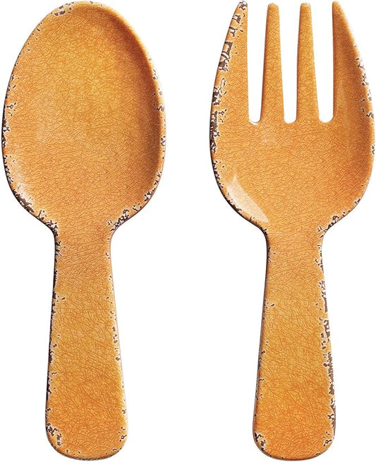 UPware Crackle Melamine Salad Servers, Serving Utensil Set, Includes Serving Fork and Spoon for Tossing Salad, Pasta, Orange, 10.75 Inch, Set of 2