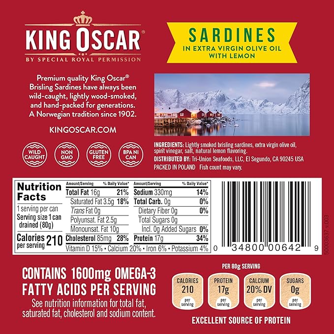 King Oscar Premium Sardines in Extra Virgin Olive Oil with Lemon, 3.75-Ounce Cans (Pack of 12)