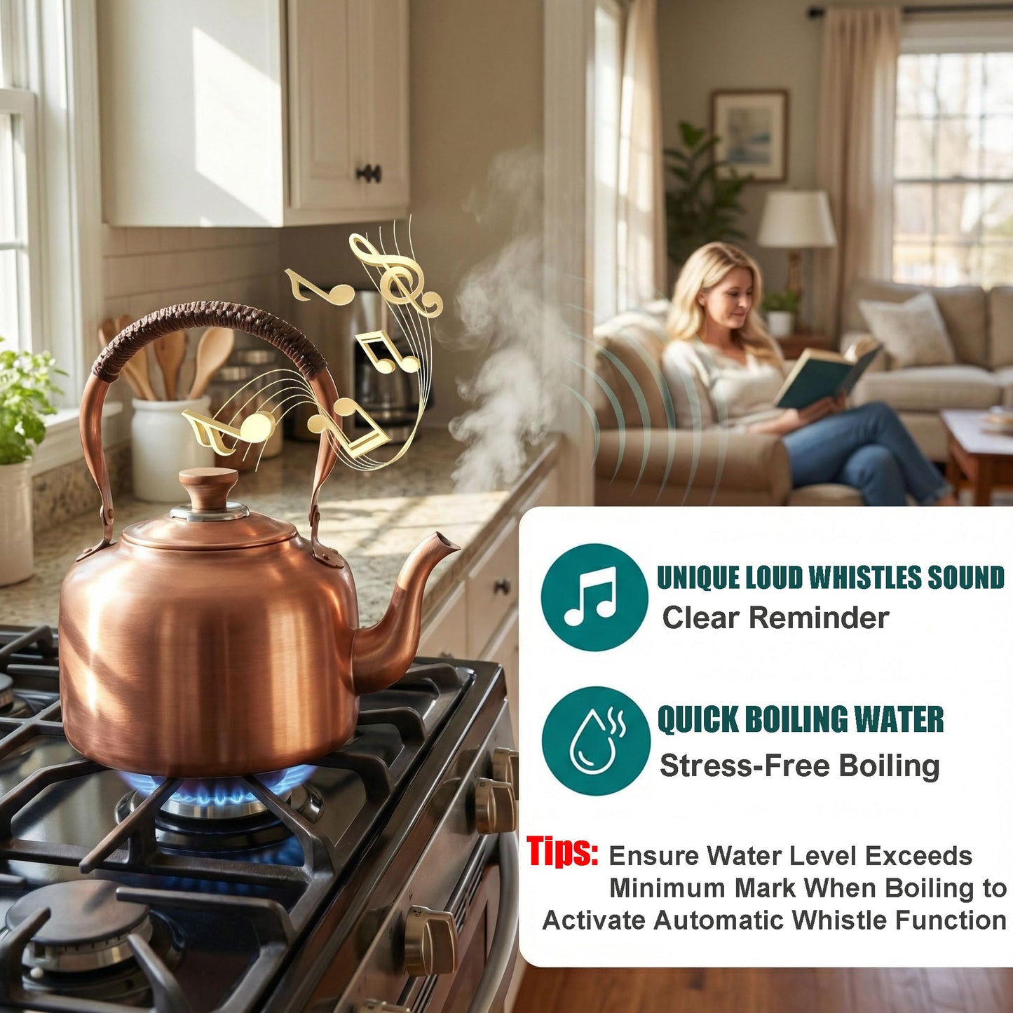 Tea Kettle Stovetop Whistling Copper Tea Pot for Stove 3.2QT Teapot Kettle