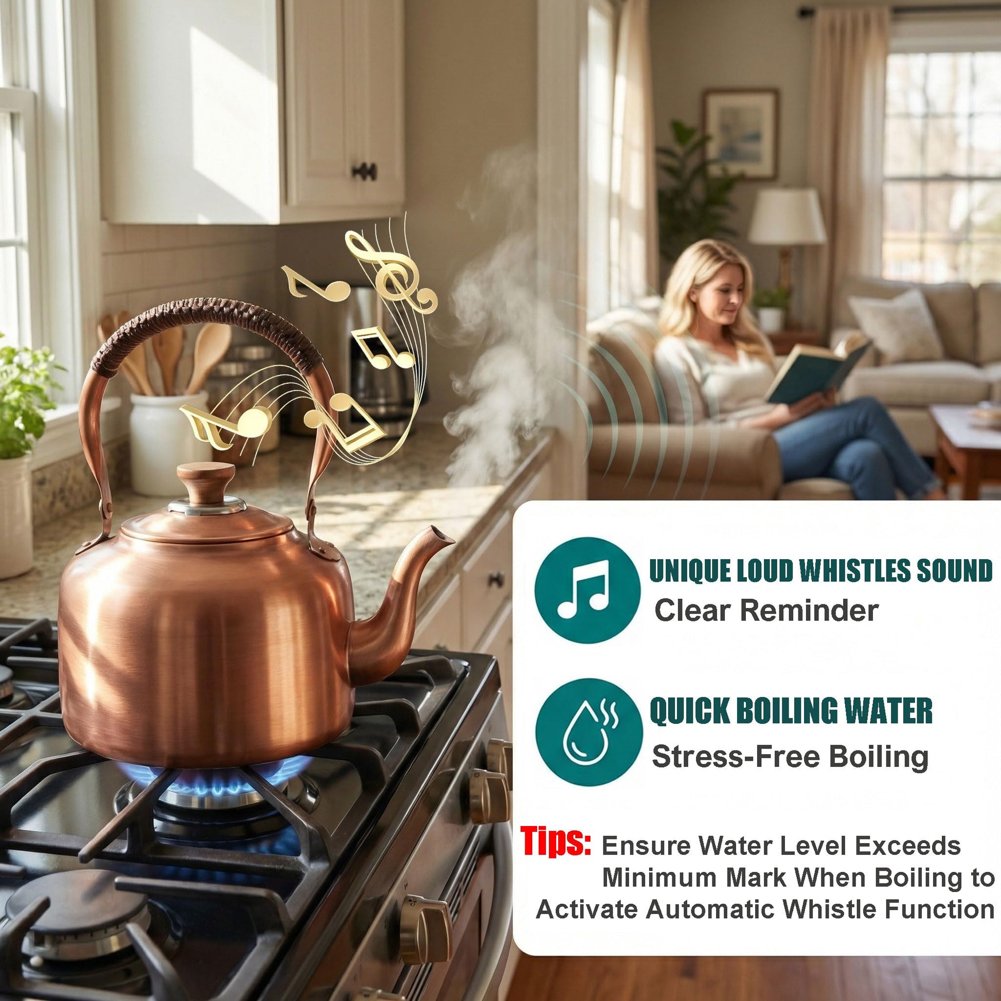 Tea Kettle Stovetop Whistling Copper Tea Pot for Stove 3.2QT Teapot Kettle