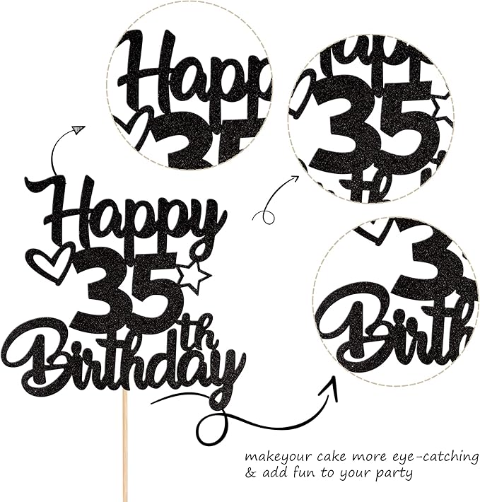 1 Pack Happy 35th Birthday Cake Topper Glitter Heart Star 35 Fabulous Cake Pick Birthday Sign Cake Decorations for Children 35th Birthday Theme Party Supplies Black