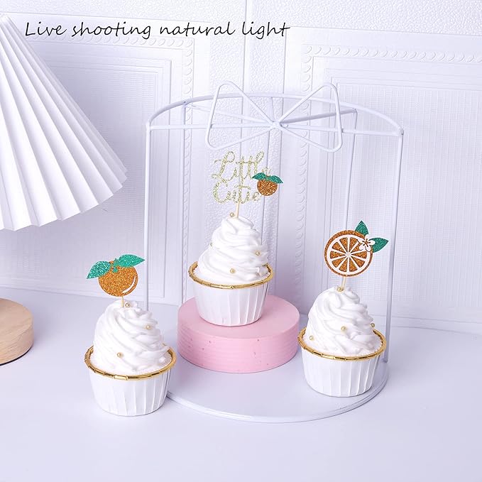 24 Pack Little Cutie Cupcake Toppers Glitter Orange Cupcake Picks for Citrus Theme Baby Shower Kids Birthday Party Tangerine Clementine Fruit Party Cake Decorations Supplies