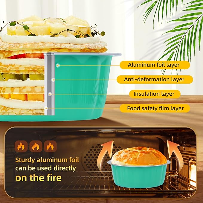 Beasea Ramekins Baking Cups with Lids, 120 Pack 8 oz 4 Inch Disposable Mini Elegant Blue Foil Creme Brulee Aluminum Baking Cups Small Round Cupcake Tart Pie Tins Pans Individual Containers Oven Safe