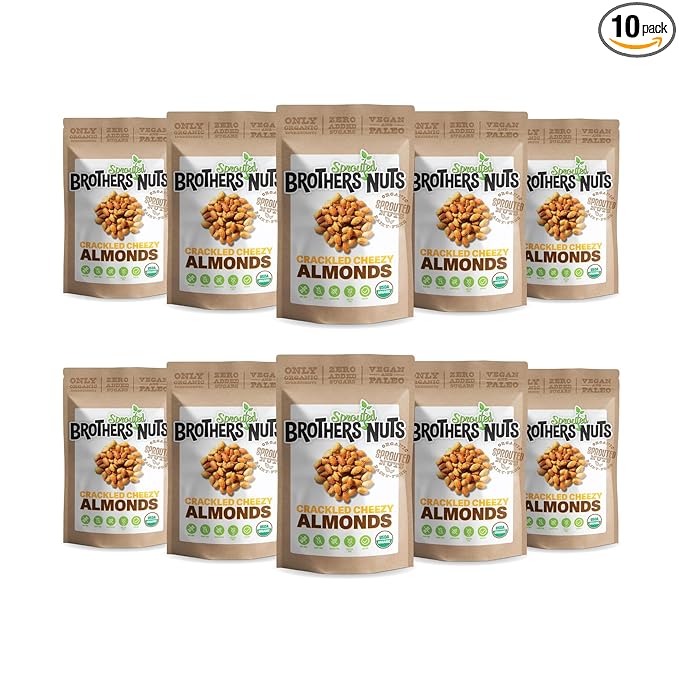 Brothers Nuts Crackled Cheezy Almonds – Organic, Sprouted Almonds – Healthy Keto Snack – Vegan, Gluten-Free, Kosher – No Preservatives – 2oz (10 Pack)