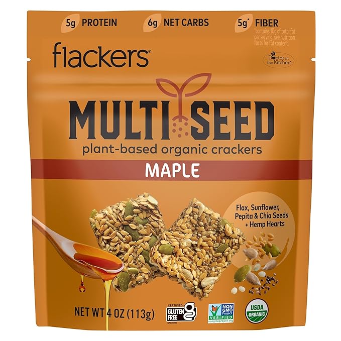 Flackers Organic Maple Multi-Seed Crackers, 4 Ounce 1-Pack, Gluten Free, Non GMO, Vegan, Keto Snack, 5g Fiber, 5g Protein, 6g Net Carbs