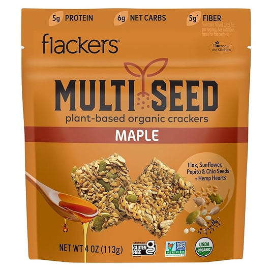 Flackers Organic Maple Multi-Seed Crackers, 4 Ounce 1-Pack, Gluten Free, Non GMO, Vegan, Keto Snack, 5g Fiber, 5g Protein, 6g Net Carbs