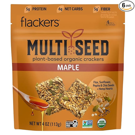 Flackers Organic Maple Multi-Seed Crackers, 4 Ounce 6-Pack, Gluten Free, Non GMO, Vegan, Keto Snack, 5g Protein, 5g Fiber, 6g Net Carbs