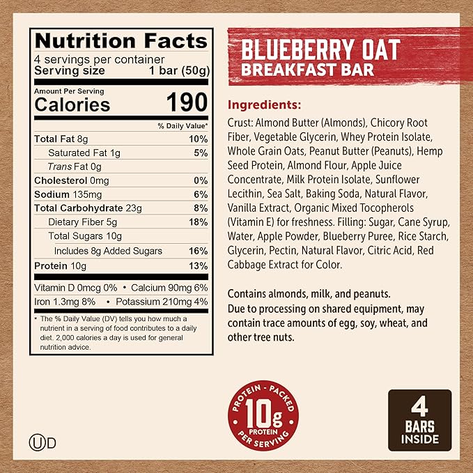 Kodiak Cakes Soft Baked Sandwich Breakfast Bar, Blueberry Oat, High Protein, 100% Whole Grains, 12 boxes with 4 bars each (48 bars total)