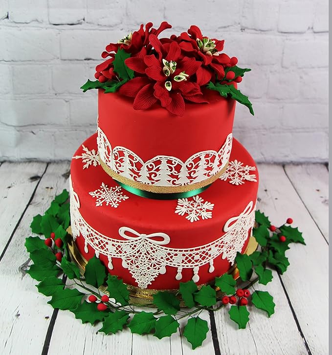 Global Sugar Art Small Poinsettia Christmas Kit Sugar Cake Flowers & Holly Leaf Sprays, 3 Piece set by Chef Alan Tetreault. Christmas & Holiday Cakes, Yule Logs & Gingerbread Houses