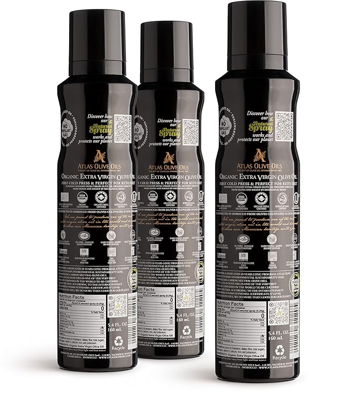 Cooking Oil by Atlas, Extra Virgin Olive Oil Spray, Dual Function Spray and Stream, 5.4 fl oz, 3 Pack, Non Stick, Polyphenol Rich Moroccan EVOO, Cold Pressed, Hydroxytyrosol Keto