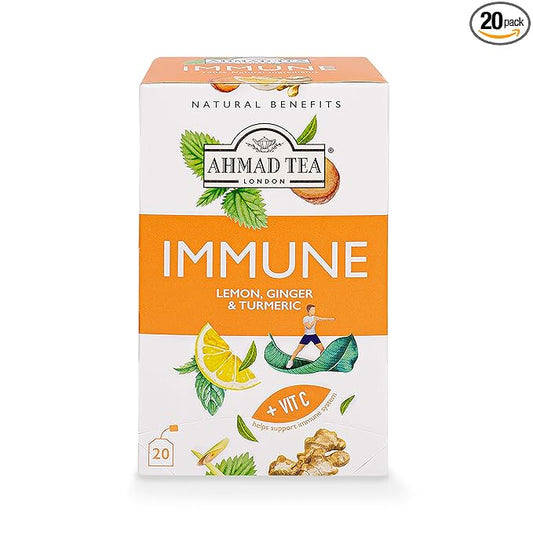 Ahmad Tea Herbal Tea, Lemon, Ginger, Turmeric, & Vitamin C 'Immune' Natural Benefits Teabags, 20 ct (Pack of 1) - Decaffeinated & Sugar-Free