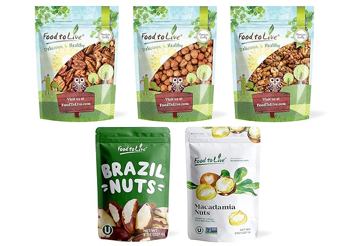 Food to Live Keto Raw Nuts in a Gift Box - Pecans, Brazil Nuts, Macadamia Nuts, Walnuts, Hazelnuts