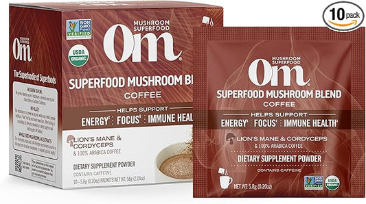 OM MUSHROOM SUPERFOOD Coffee Blend Mushroom Powder, Single Serve, 10 Count, Organic Arabica Beans