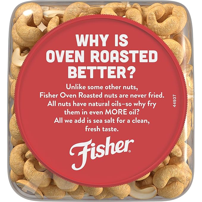 Fisher Oven Roasted Never Fried Whole Cashews, 24 Ounces (Pack of 2), Snacks for Adults, Made With Sea Salt, No Added Oils, Artificial Ingredients or Preservatives, Gluten Free, Vegan Protein, Bulk