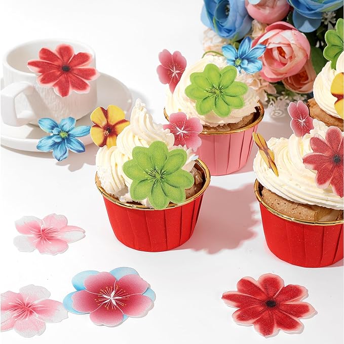 YOcity 35Pcs Edible Flowers Cake Toppers Edible Flowers Cupcake Topper Luau Hawaii Wafer Paper Flower Cake Decorations for Wedding Birthday Baby Shower Party Supplies Mixed Size & Colour