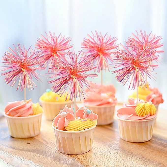 Rsstarxi 30 Pack Firework Cupcake Toppers Sparkle Tinsel Drink Birthday Decorations Cocktail Food Fruit Toothpick for Valentine's Day Wedding Birthday Party Cake Decorations Orange