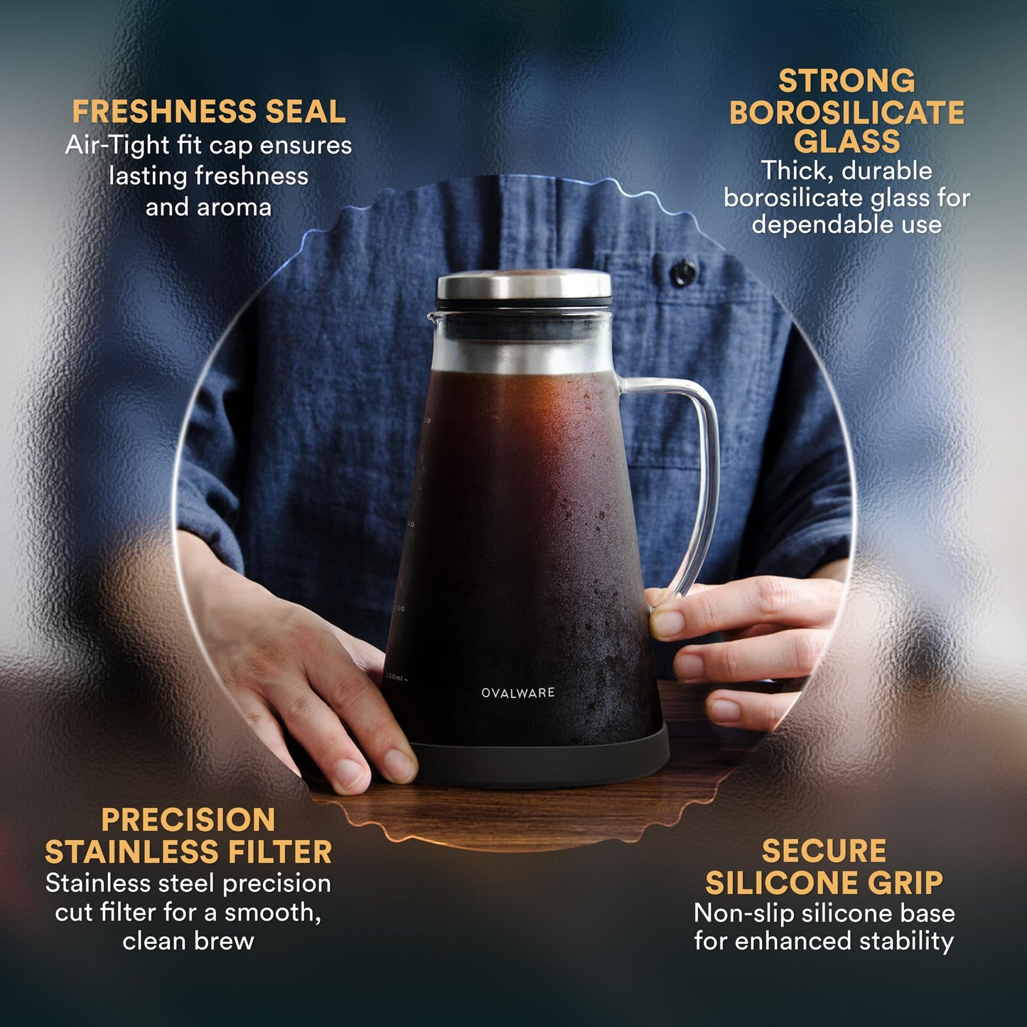 OVALWARE Airtight Cold Brew Iced Coffee Maker Pitcher and Tea Infuser with Spout - 1.0L / 34oz