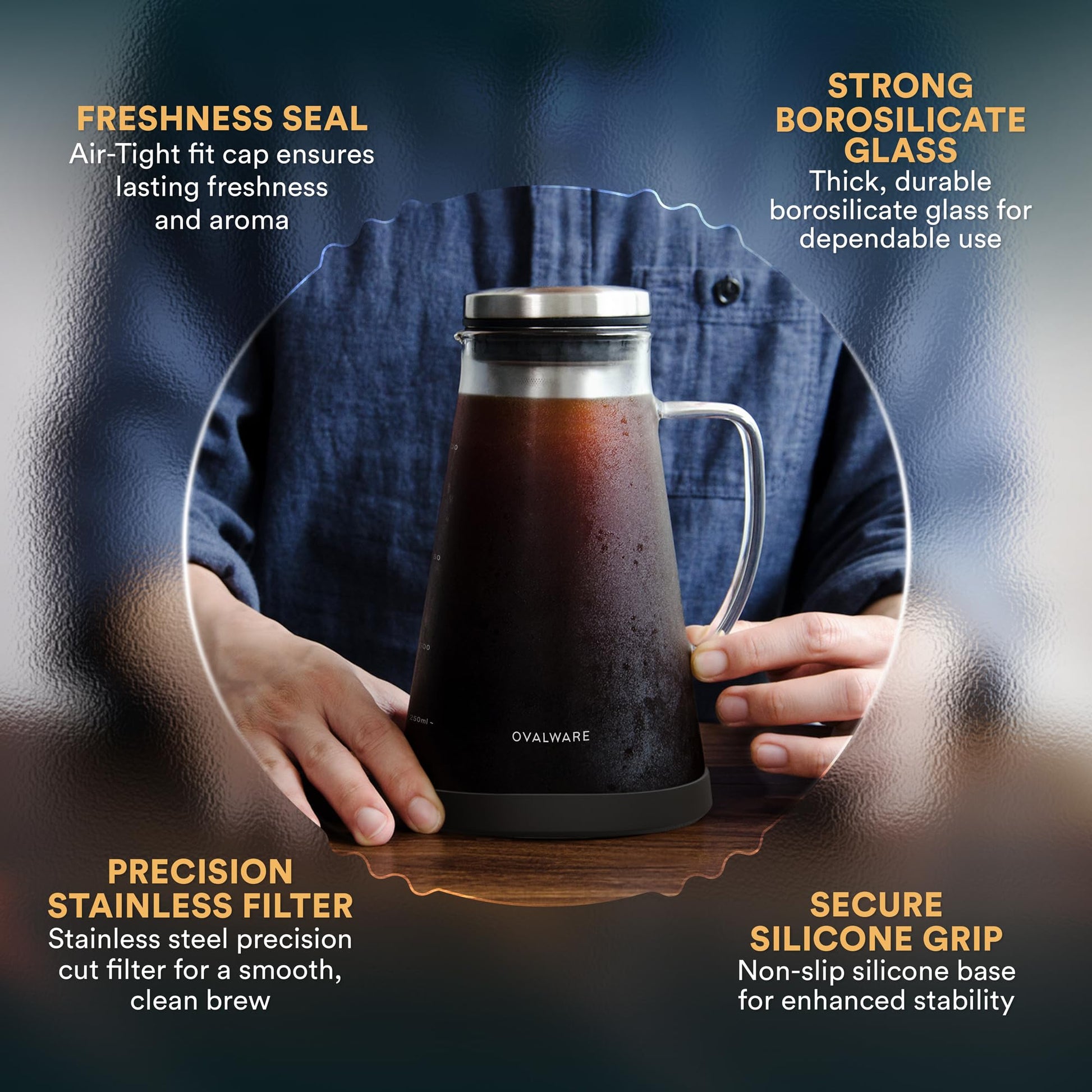 OVALWARE Airtight Cold Brew Iced Coffee Maker Pitcher and Tea Infuser with Spout - 1.0L / 34oz