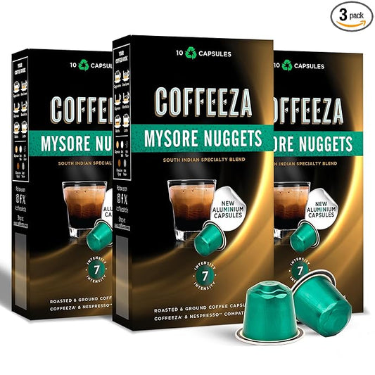 Coffeeza (AAA Arabica Grade) Mysore Nuggets Aluminium Coffee Capsules, Intensity – 7/10 -(Box of 30)