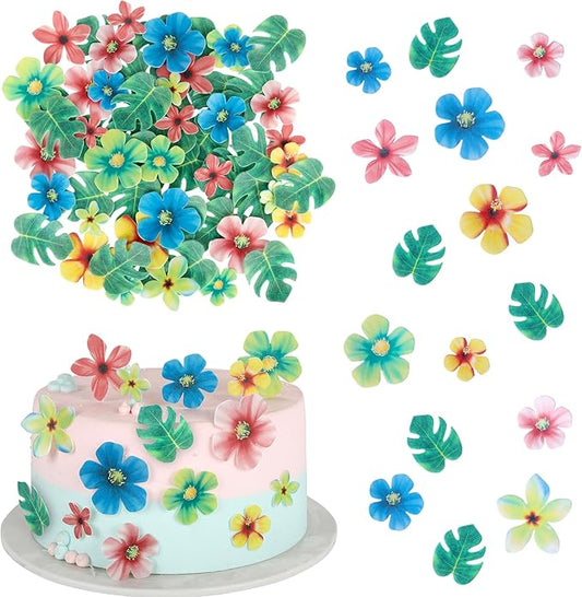 Rsstarxi 83 Pack Edible Tropical Palm Leaves Flowers Cupcake Toppers Decorations Palm Leaf Mini Flowers Cupcake Picks Hawaii Theme Cake Decorations for Baby Shower Birthday Party Decors