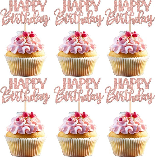 30 PCS Happy Birthday Cupcake Toppers Glitter Happy Birthday Cupcake Picks for Celebrating Birthday Anniversary Theme Party Cake Decorations Supplies Rose Gold