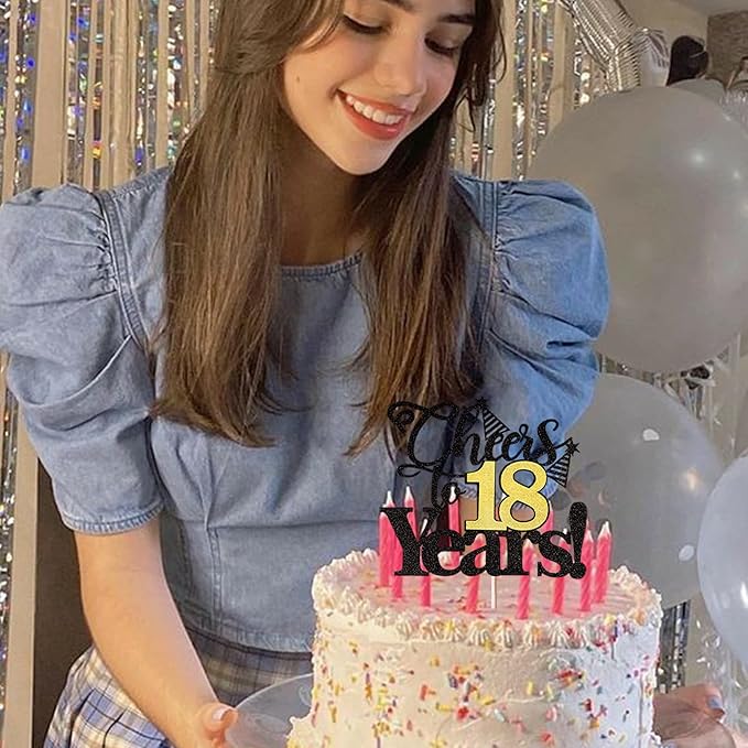 Rsstarxi 1 Pack Cheers to 18 Years Cake Topper Glitter Eighteen Years Old 18th Birthday Cake Pick 18 Fabulous Cake Decorations for Happy 18th Birthday Wedding Anniversary Party Supplies Black