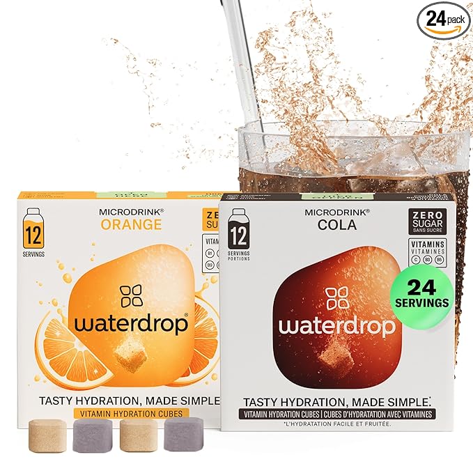 Waterdrop Hydration Cubes with Vitamin C, B3, B5 & Electrolytes, Cola & Orange Flavor Variety Pack, Flavored Water Enhancer Cubes for Still & Sparkling Water, On the Go, Sugar Free, Vegan, 24 Count